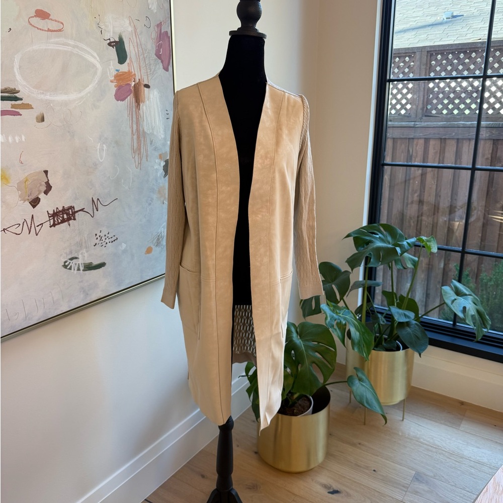 Women's Nic+Zoe Beige Ribbed Faux Leather Long Open Front - NWT